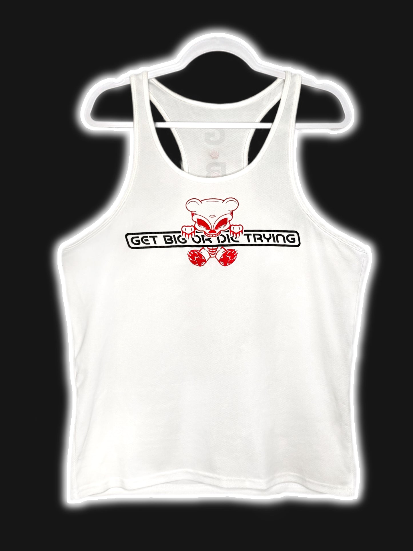 White/3D red “gamer” GBODT workout racerback tank
