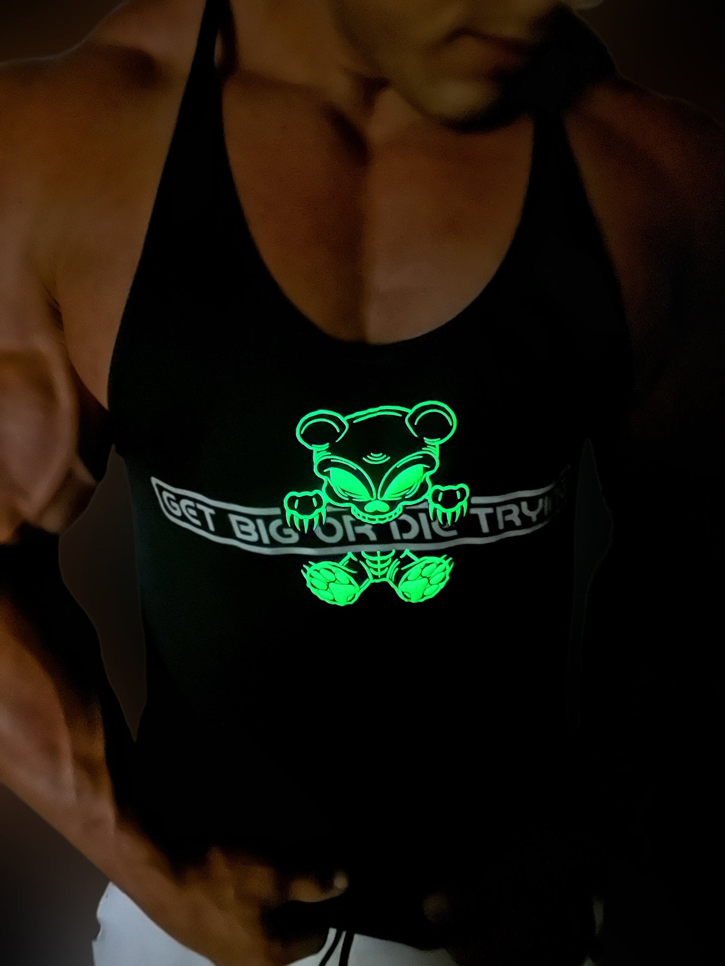 Black with reflective and 3D glow-in-the-dark neon “gamer” GBODT workout stringer