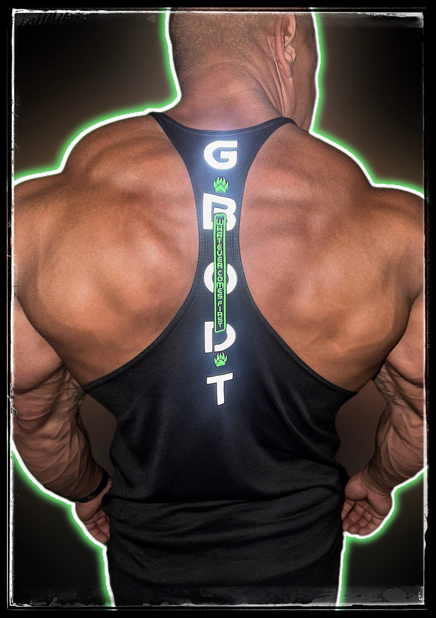 Black with reflective and 3D glow-in-the-dark neon “gamer” GBODT workout stringer