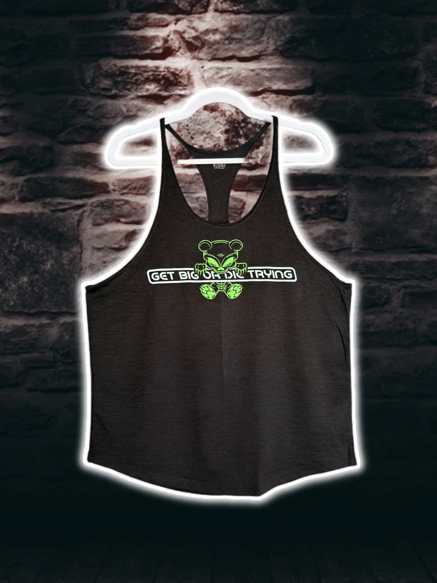 Black with reflective and 3D glow-in-the-dark neon “gamer” GBODT workout stringer