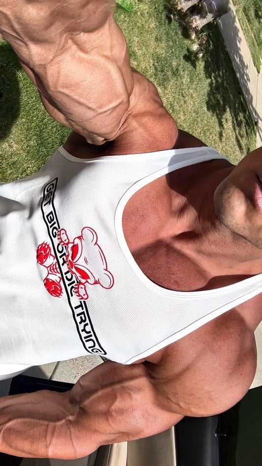 White/3D red “gamer” GBODT workout racerback tank