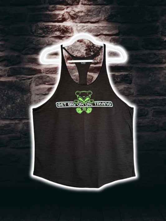 Black with reflective and 3D glow-in-the-dark neon “gamer” GBODT workout stringer